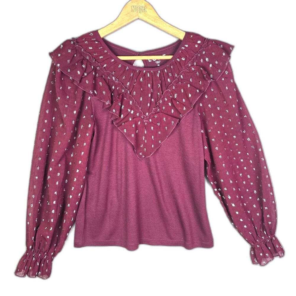 LOFT Blouse Burgundy Metallic Thread M Sheer Sleeve Ruffle Romantic